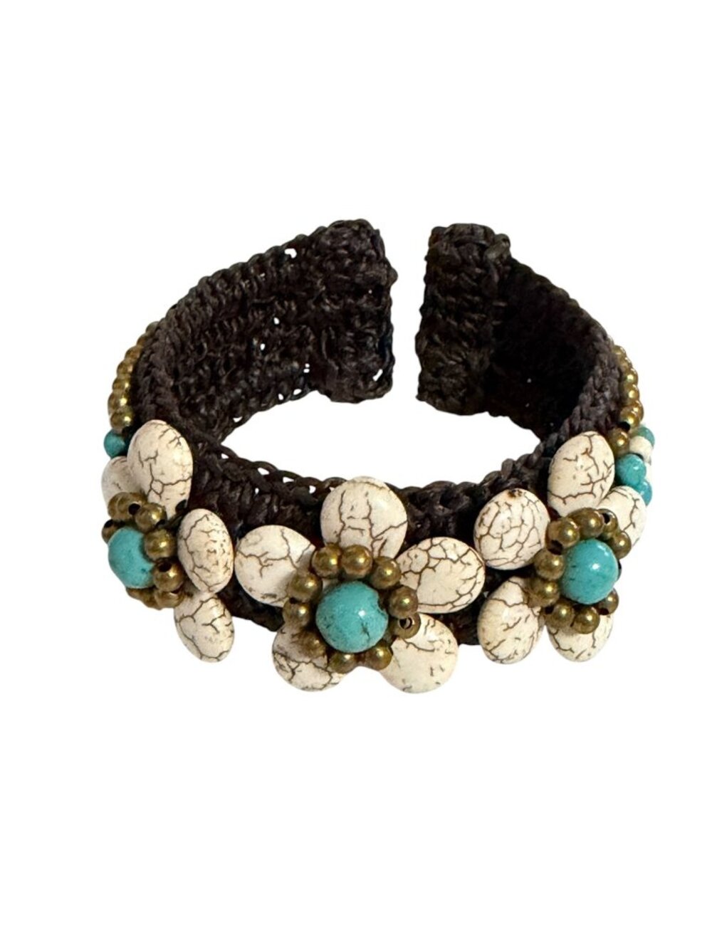 Handmade Turquoise Howlite Flower Beaded Macrame Cuff Bracelet Boho